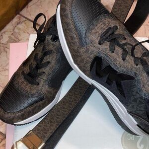 New Michael Kors Black and Brown Sneakers with Logo Belt bundle